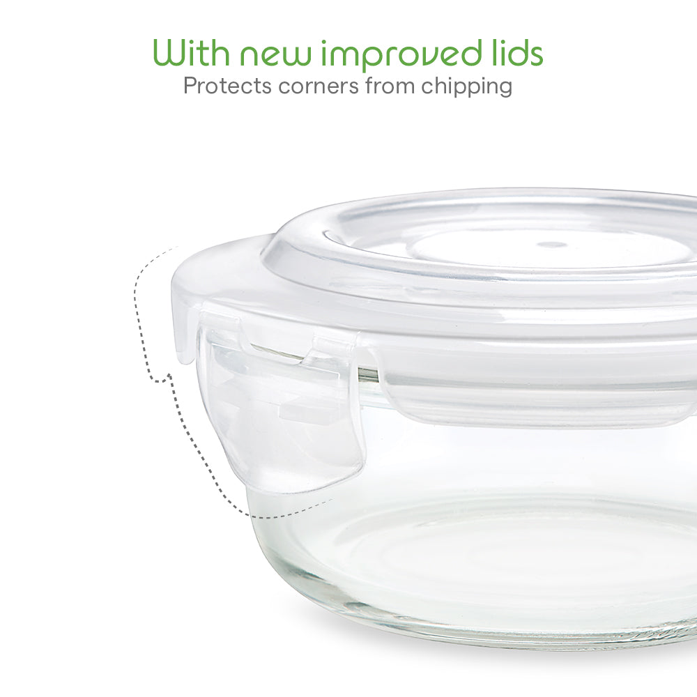Borosil Blue Glass Lunchbox, Round x 3, 400ml x 3
