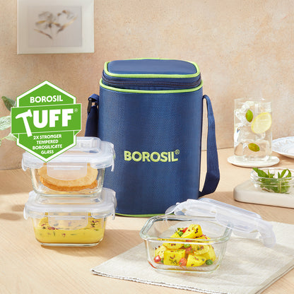 Borosil Blue Glass Lunchbox, Square x 3, 320ml x 3