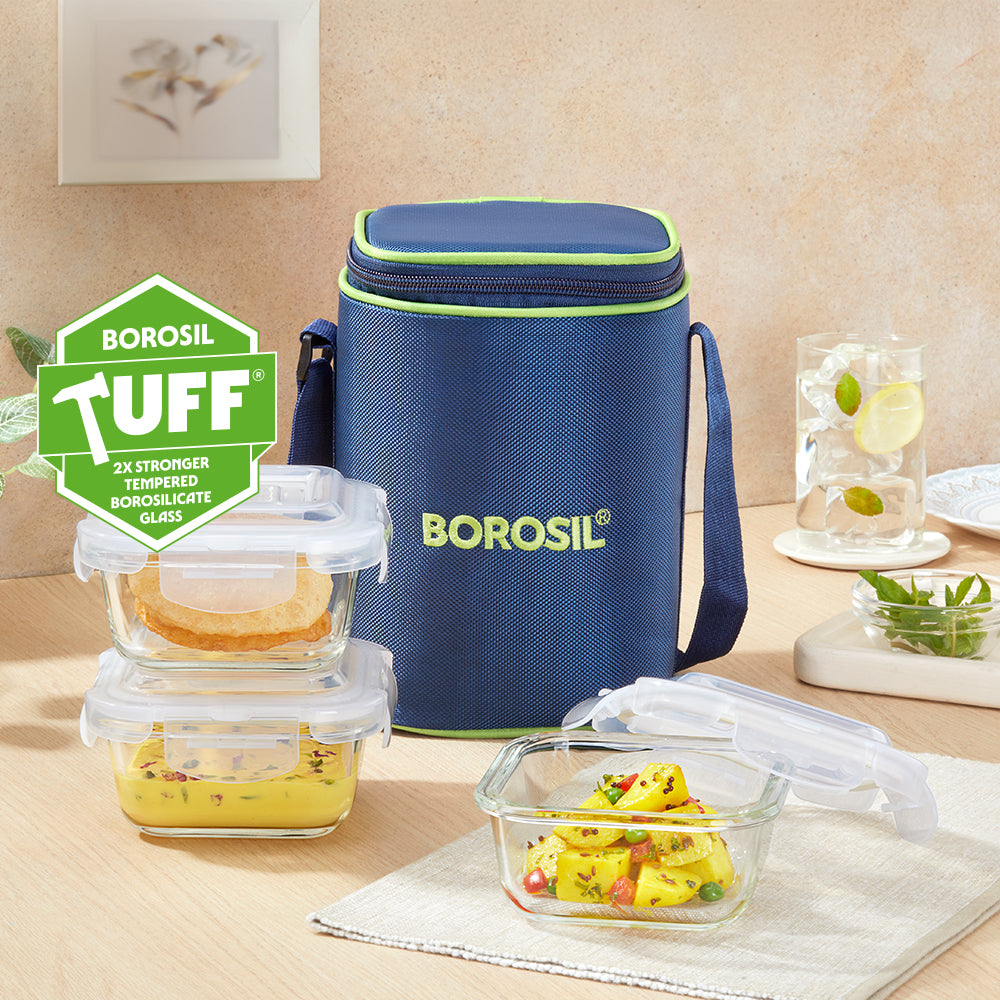Borosil Blue Glass Lunchbox, Square x 3, 320ml x 3