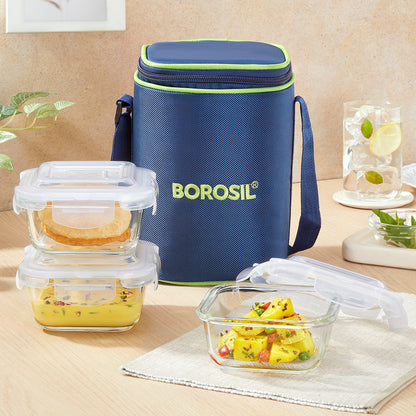 Borosil Blue Glass Lunchbox, Square x 3, 320ml x 3