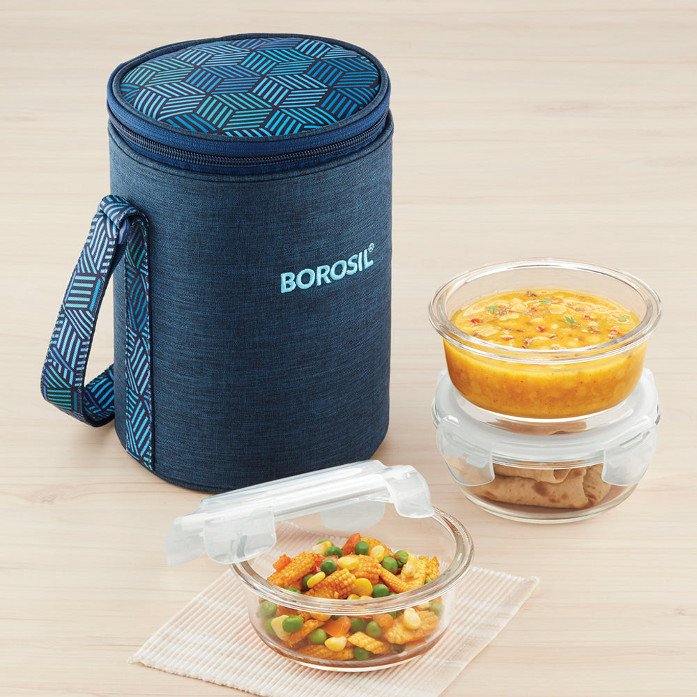 Borosil FoodLuck Blue Lunch Bag, Round x 3 (Tall)