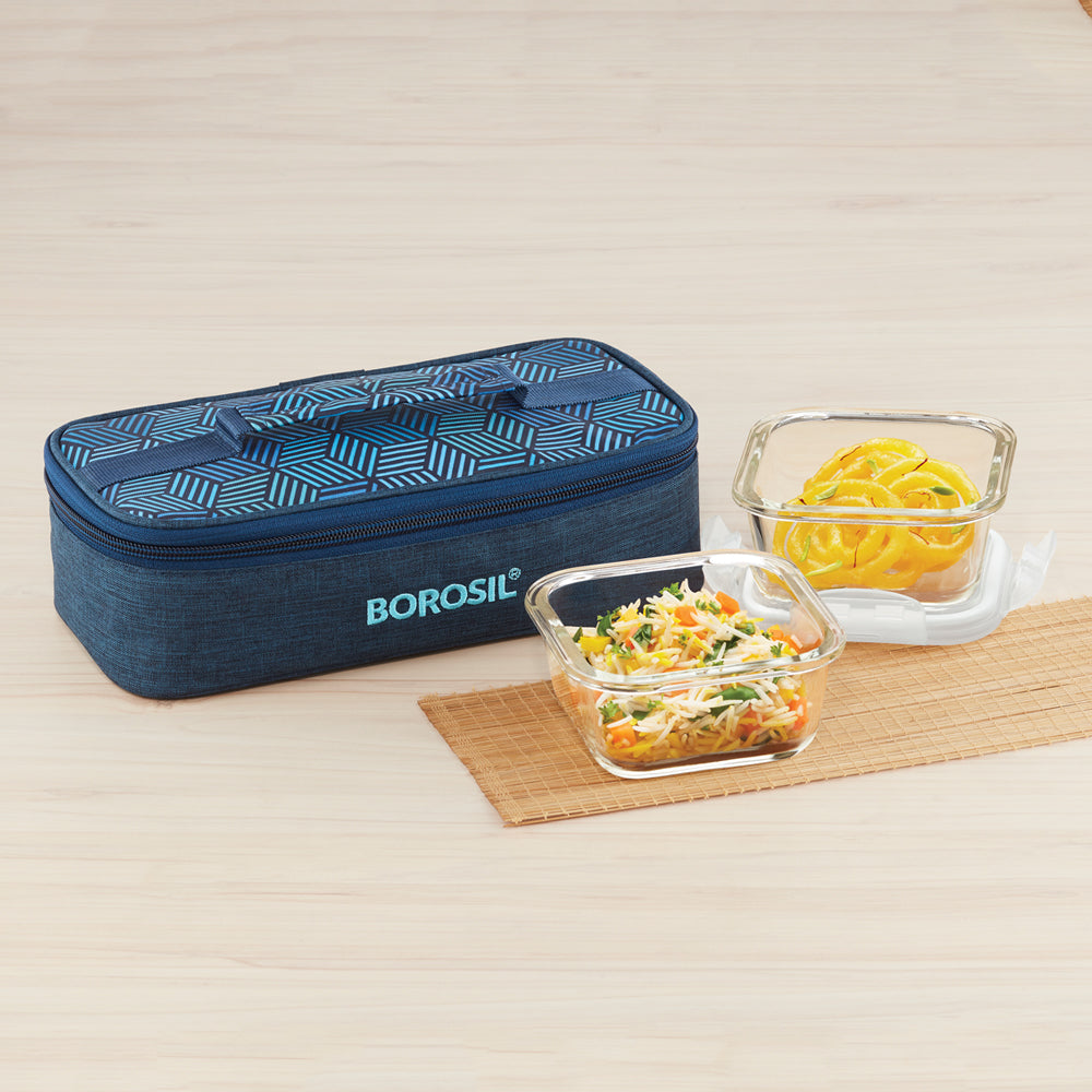 Borosil FoodLuck Blue Lunch Box, Square x 2 (Flat)