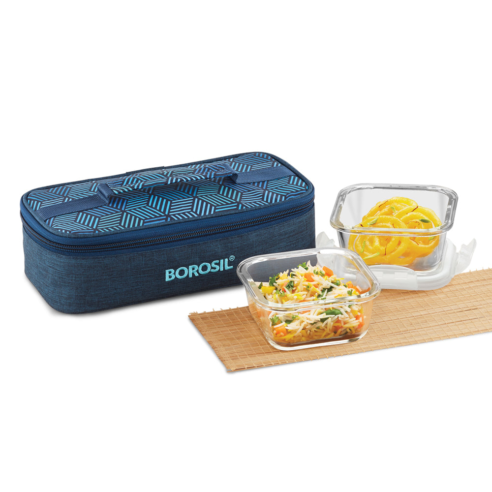 Borosil FoodLuck Blue Lunch Box, Square x 2 (Flat)