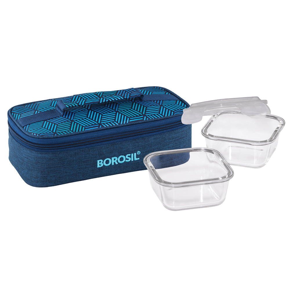 Borosil FoodLuck Blue Lunch Box, Square x 2 (Flat)