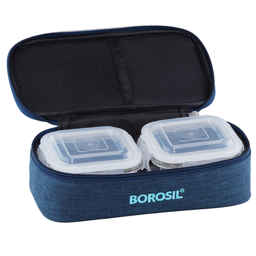 Borosil FoodLuck Blue Lunch Box, Square x 2 (Flat)