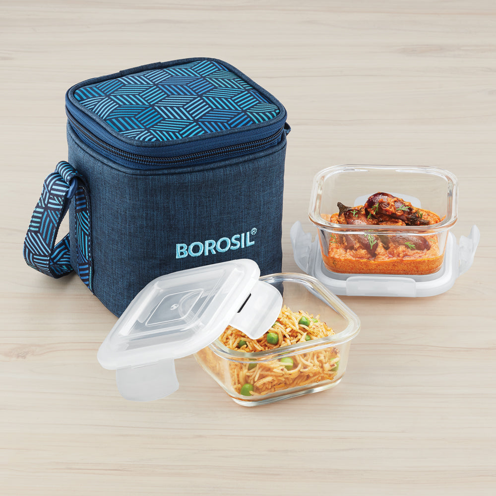 Borosil FoodLuck Blue Lunch Bag, Square x 2 (Tall)