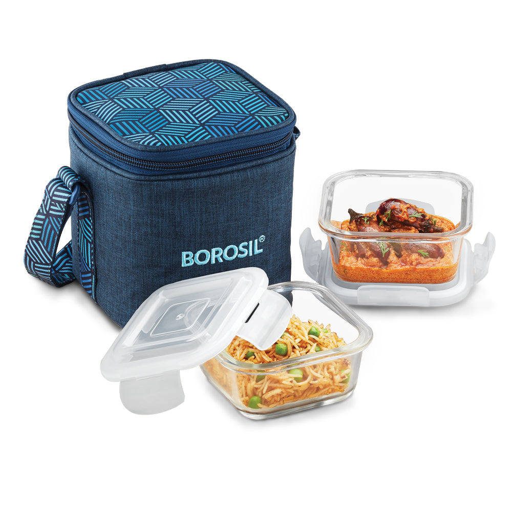 Borosil FoodLuck Blue Lunch Bag, Square x 2 (Tall)