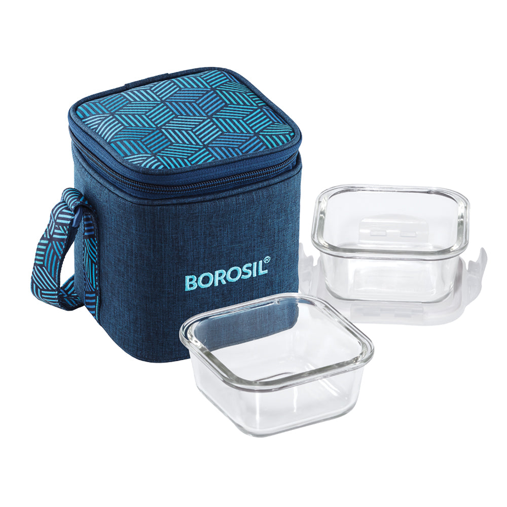 Borosil FoodLuck Blue Lunch Bag, Square x 2 (Tall)