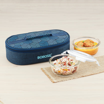 FoodLuck Round Glass Lunch Box, Blue