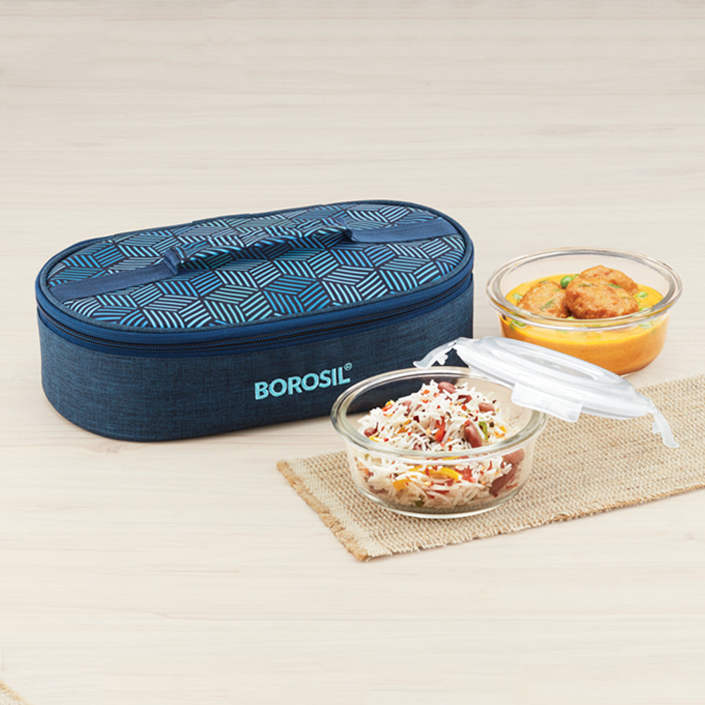 FoodLuck Round Glass Lunch Box, Blue