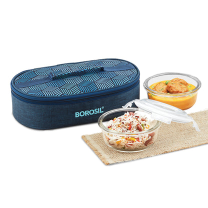 FoodLuck Round Glass Lunch Box, Blue