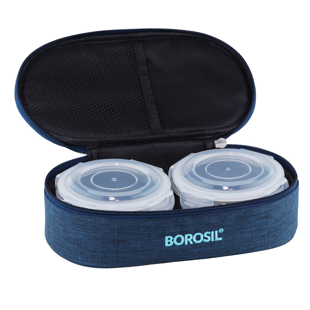 Borosil FoodLuck Blue Lunch Bag, Round x 2 (Flat)