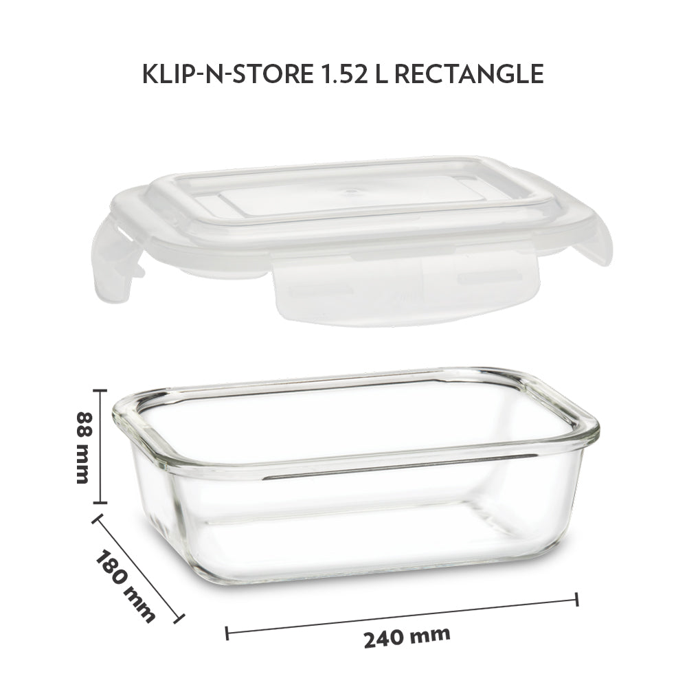 Borosil Klip n Store Rectangular Glass Container, 1.52L