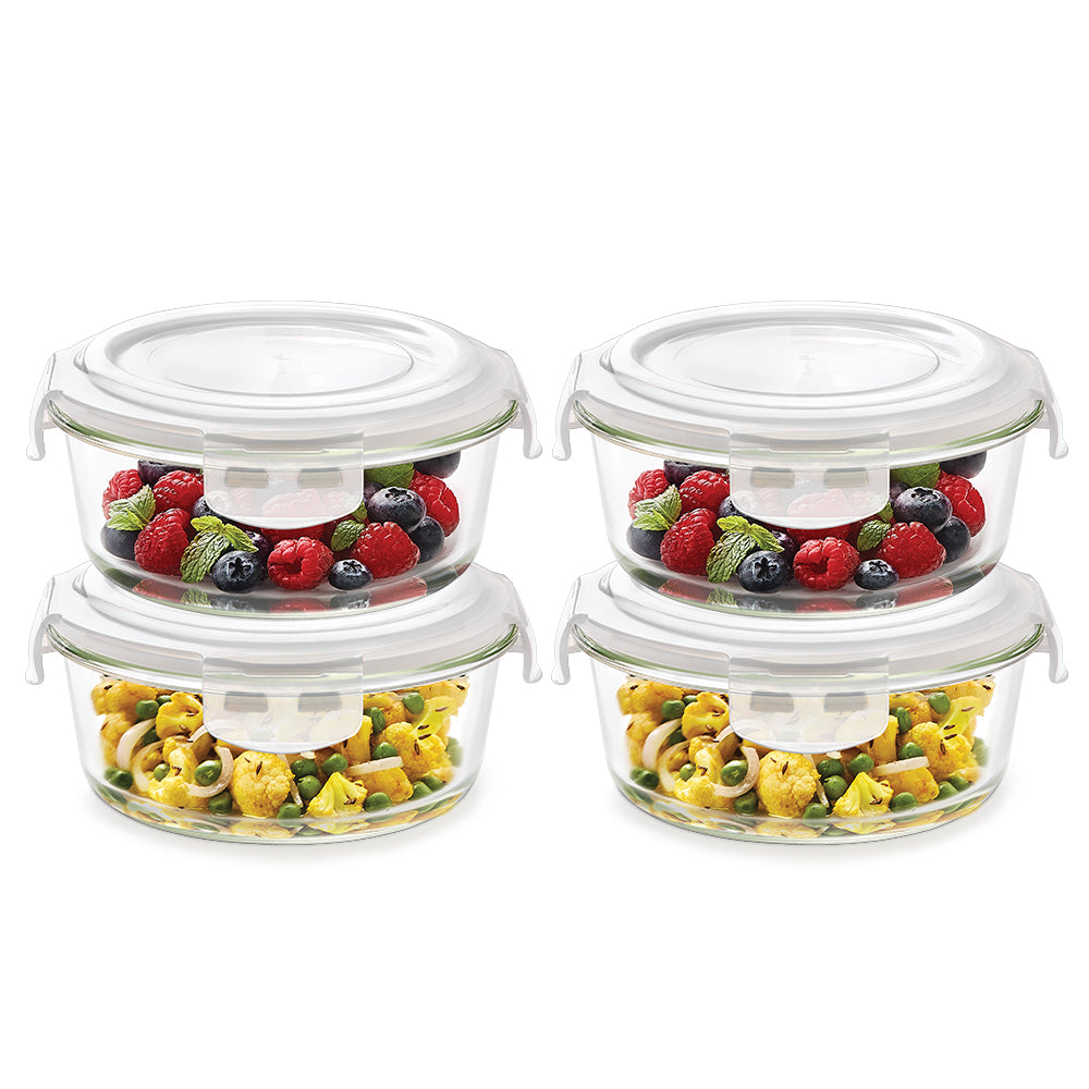 Borosil Klip n Store Round Glass Container, 950 ml - Set of 4