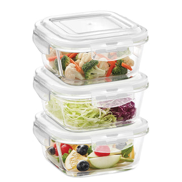 Borosil Klip n Store Square Glass Container, 800 ml - Set of 3