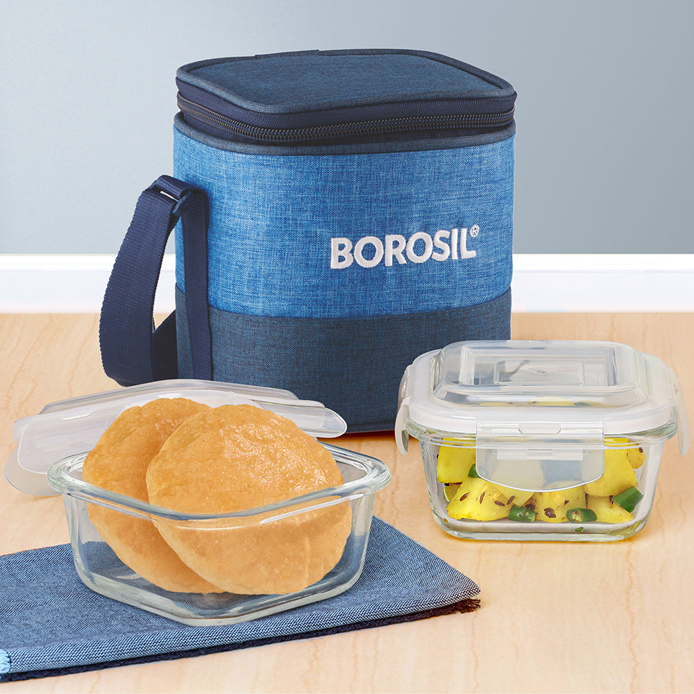 Borosil Prime Glass Lunchbox, Square x 2 (Tall), 320ml x 2
