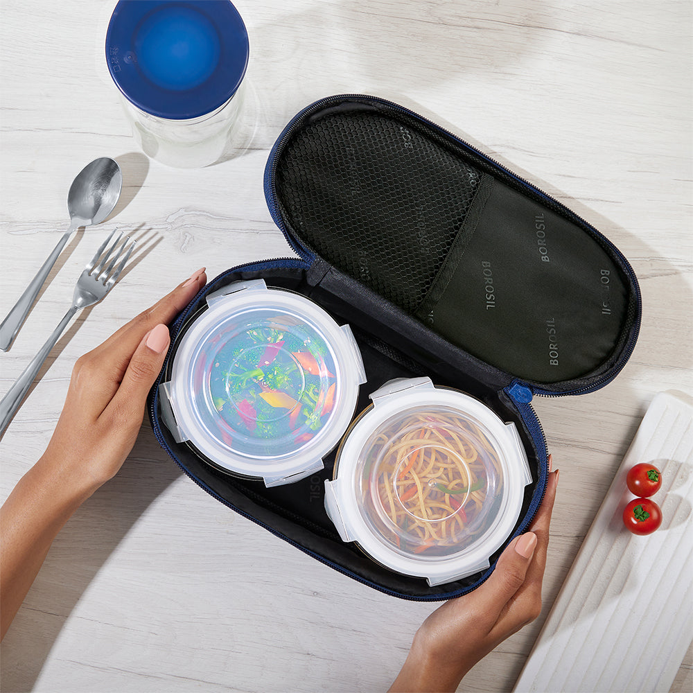 Borosil Prime Glass Lunchbox, Round x 2 (Tall), 400ml x 2