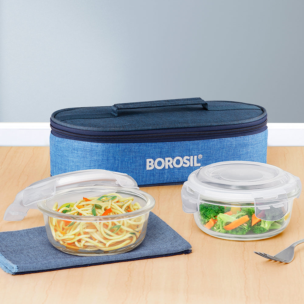 Borosil Prime Glass Lunchbox, Round x 2 (Tall), 400ml x 2