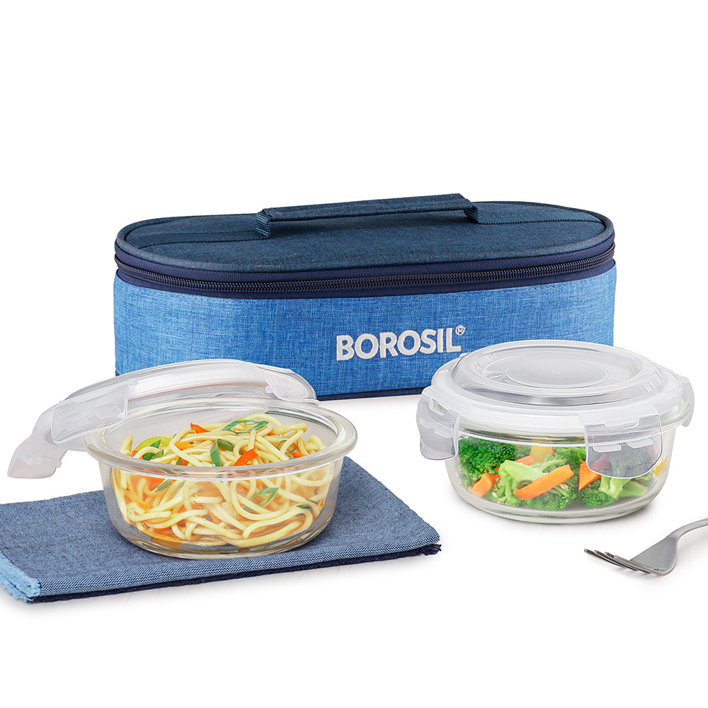 Borosil Prime Glass Lunchbox, Round x 2 (Tall), 400ml x 2