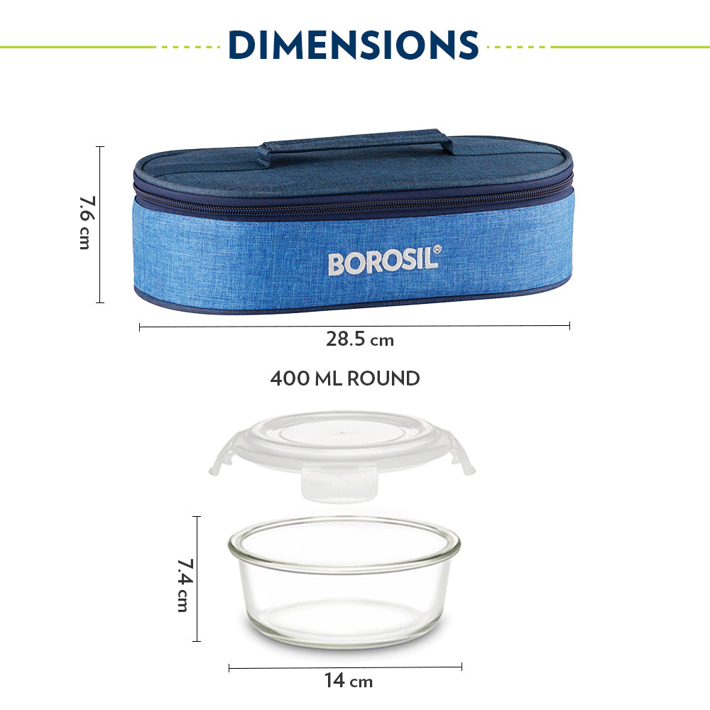 Borosil Prime Glass Lunchbox, Round x 2 (Tall), 400ml x 2