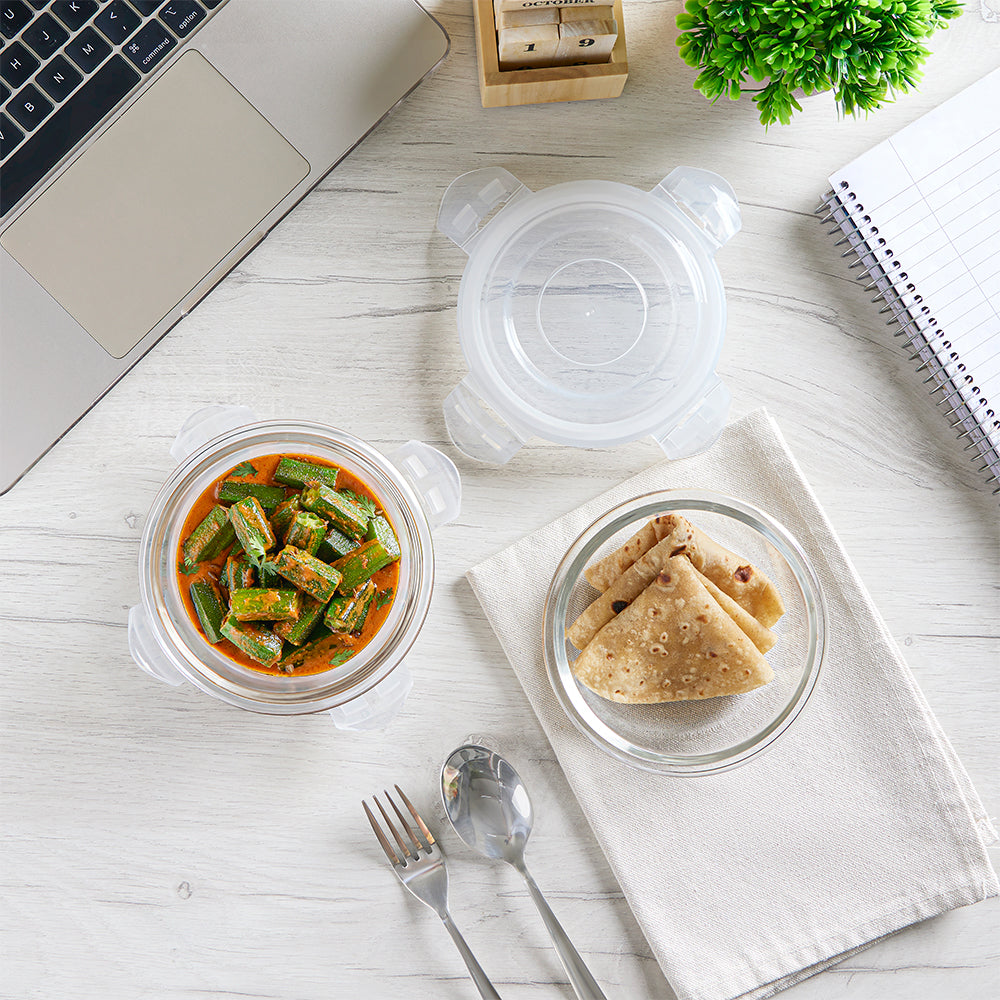 Borosil Prime Glass Lunchbox, Round x 2 (Tall), 400ml x 2