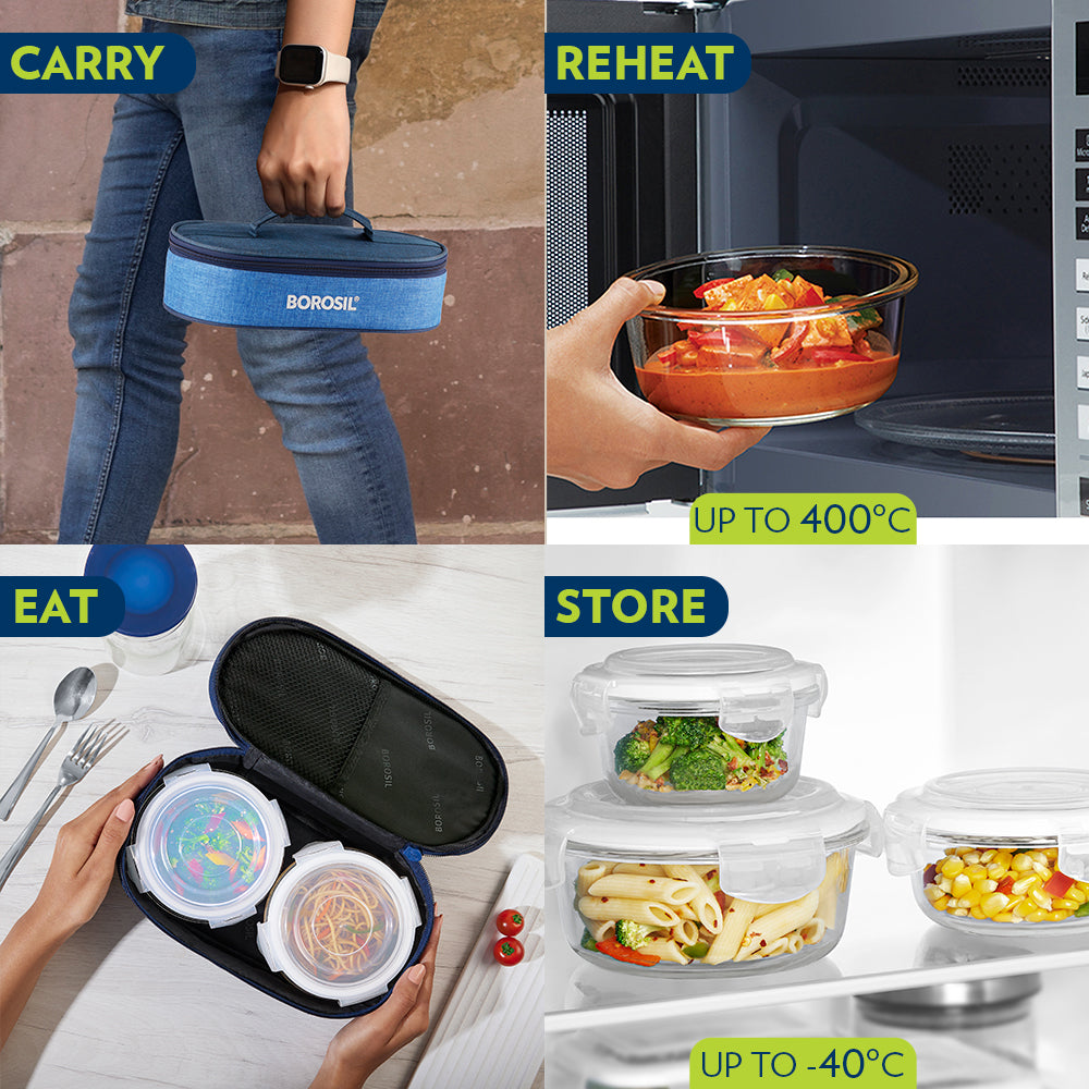 Borosil Prime Glass Lunchbox, Round x 2 (Tall), 400ml x 2