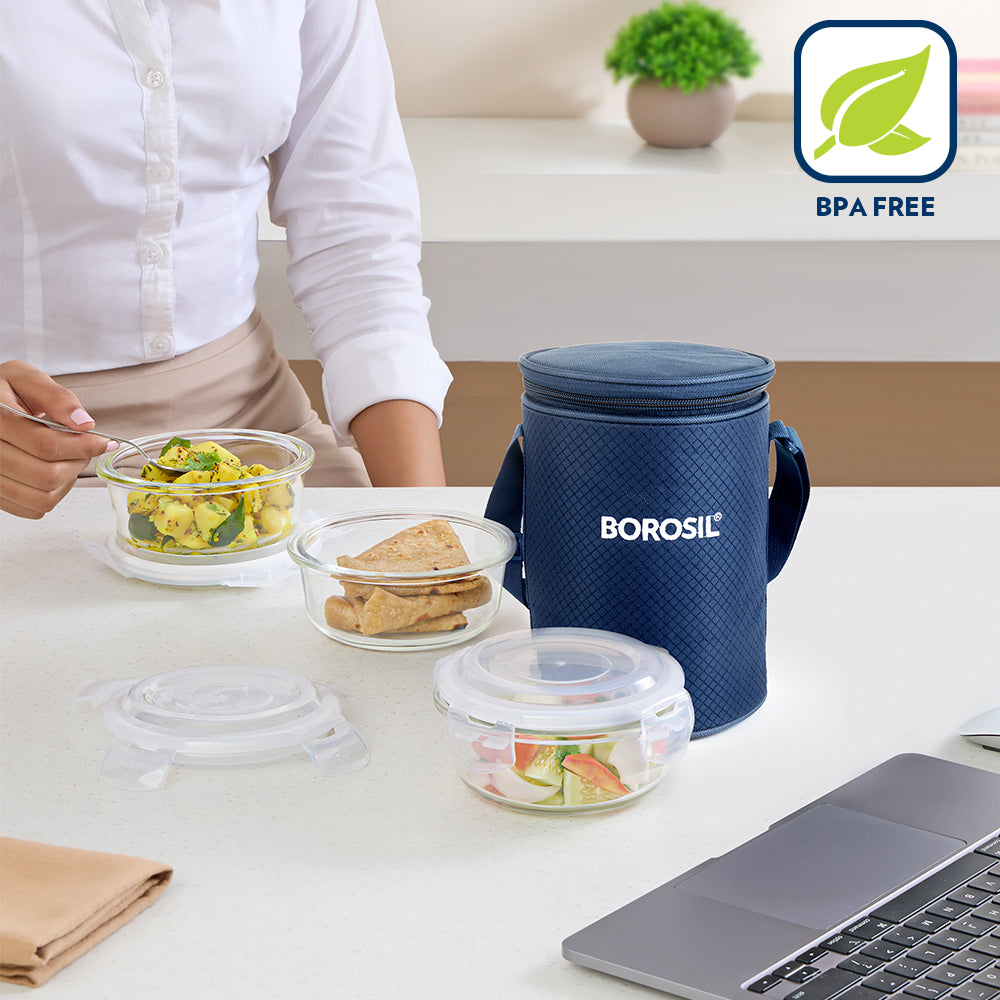 Smile Glass Lunch Box, Round x 3 (Tall), Set of 3, 400ml