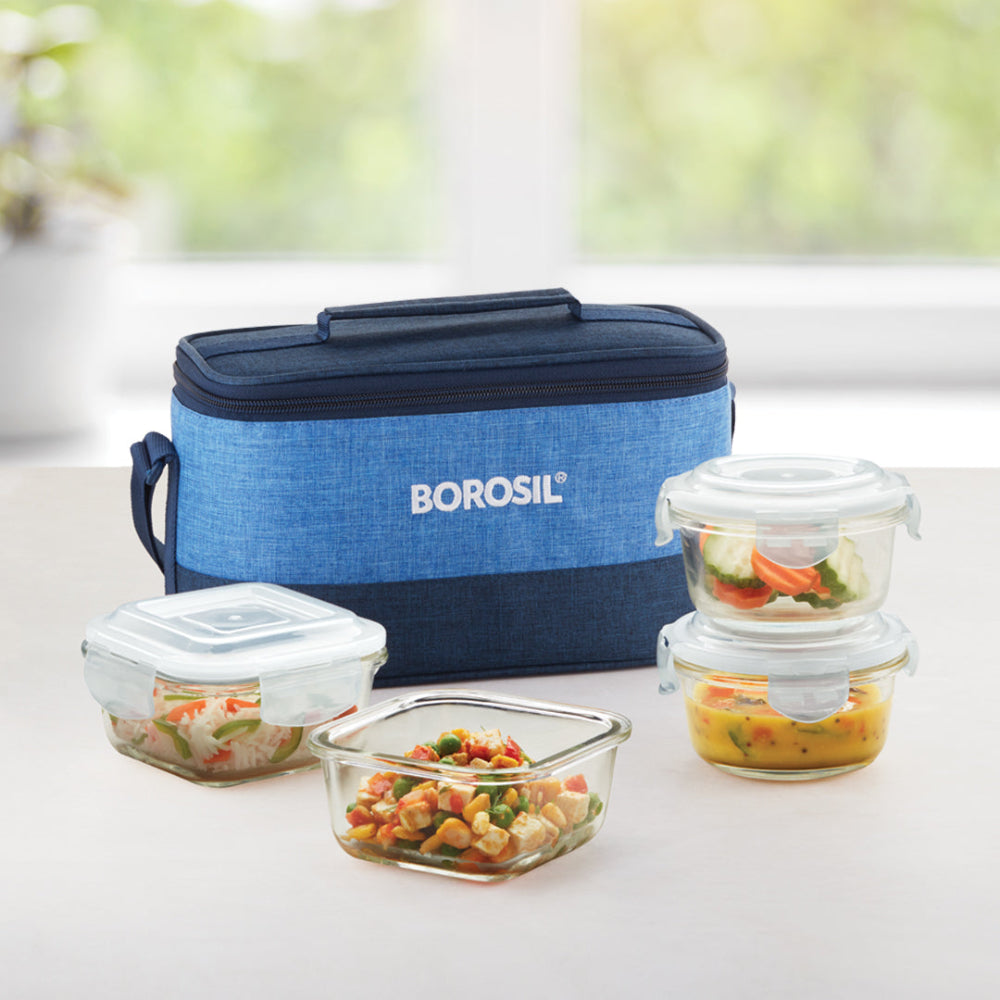 Borosil Prime Universal Glass Lunchbox, 320ml x 2 (+) 240ml x 2