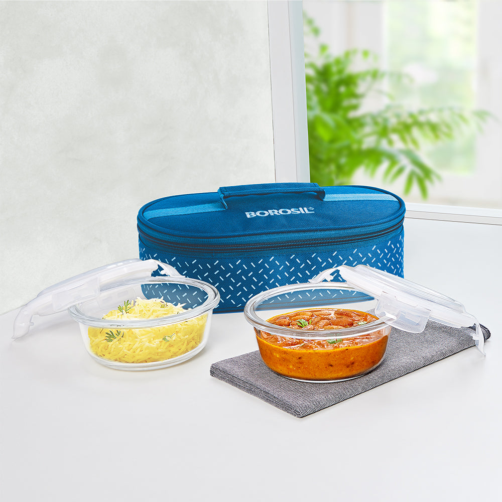 Borosil Teal Glass Lunch Box, Round x 2 (Flat), 320ml x 2