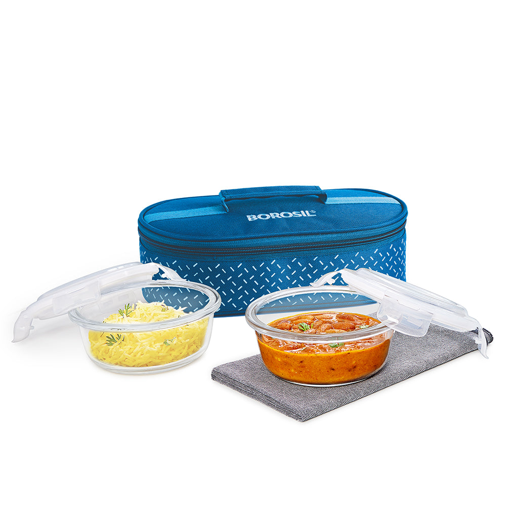 Borosil Teal Glass Lunch Box, Round x 2 (Flat), 320ml x 2