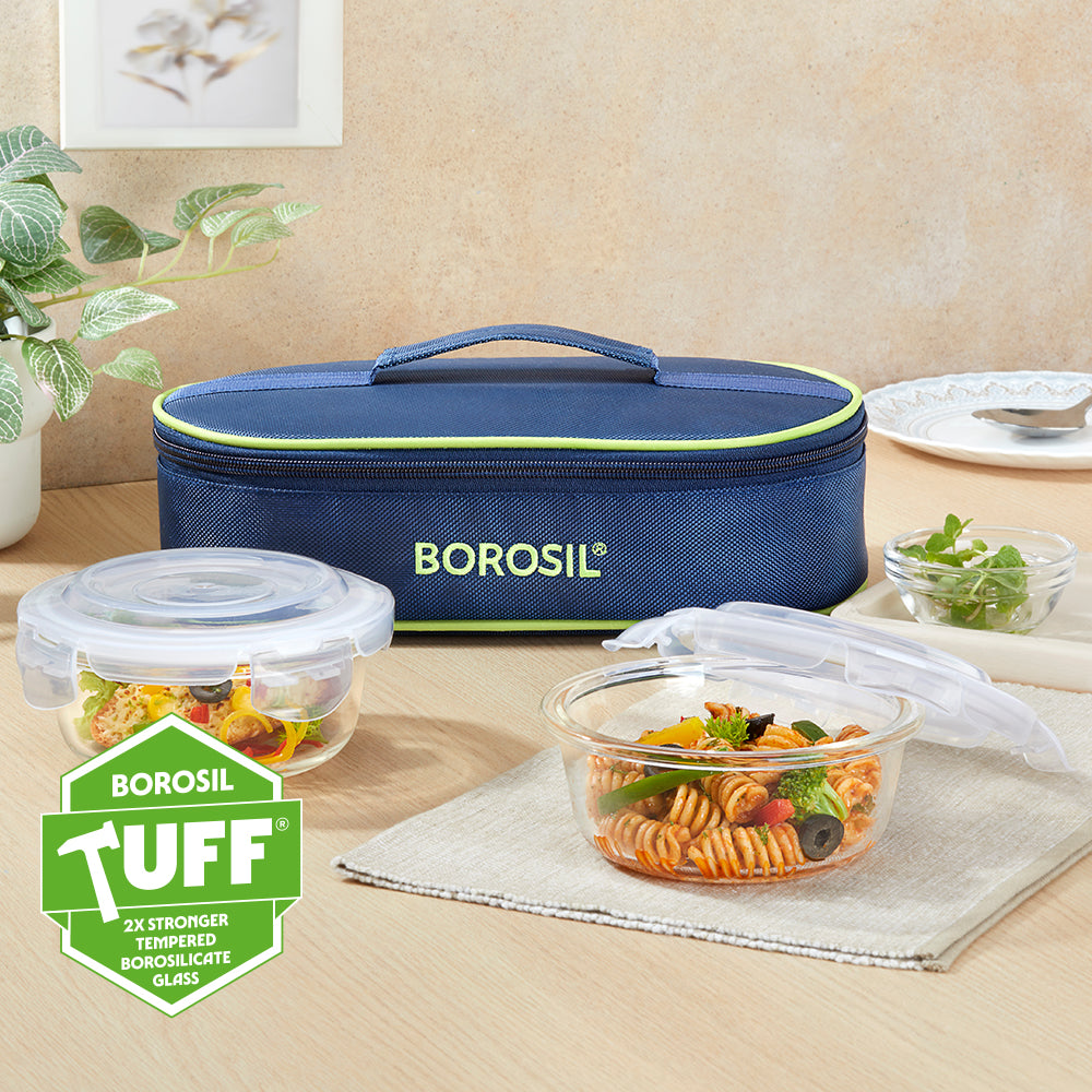 Borosil Blue Glass Lunchbox, Round x 2 (Flat), 400ml x 2