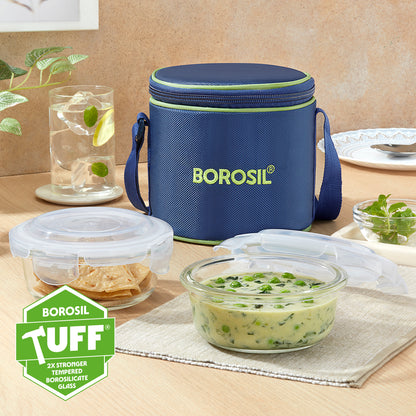 Borosil Blue Glass Lunchbox, Round x 2 (Tall), 400ml x 2