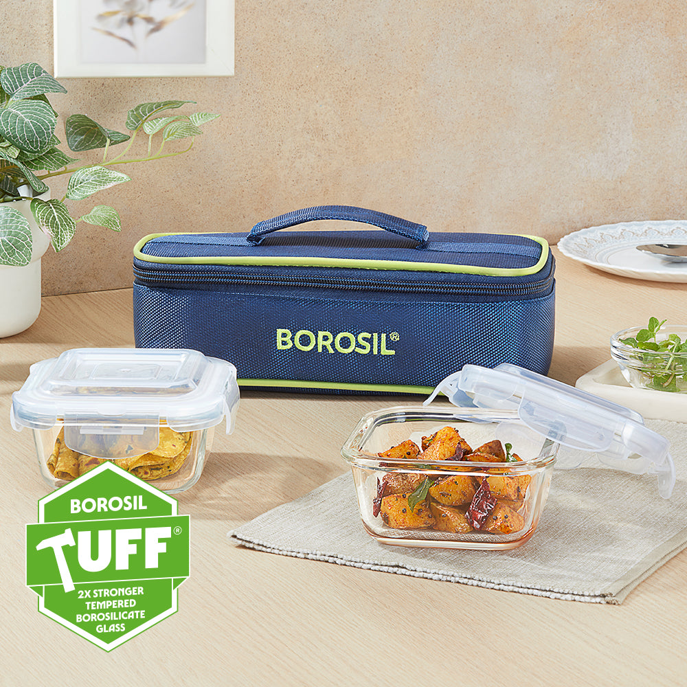 Borosil Blue Glass Lunchbox, Square x 2 (Flat), 320ml x 2