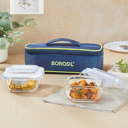 Borosil Blue Glass Lunchbox, Square x 2 (Flat), 320ml x 2