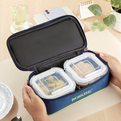 Borosil Blue Glass Lunchbox, Square x 2 (Flat), 320ml x 2