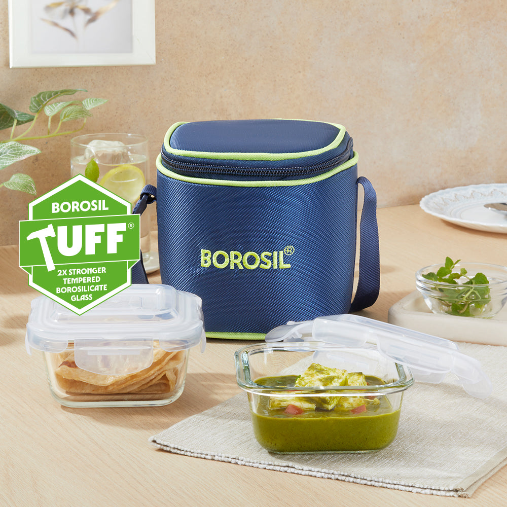 Borosil Blue Glass Lunchbox, Square x 2 (Tall), 320ml x 2