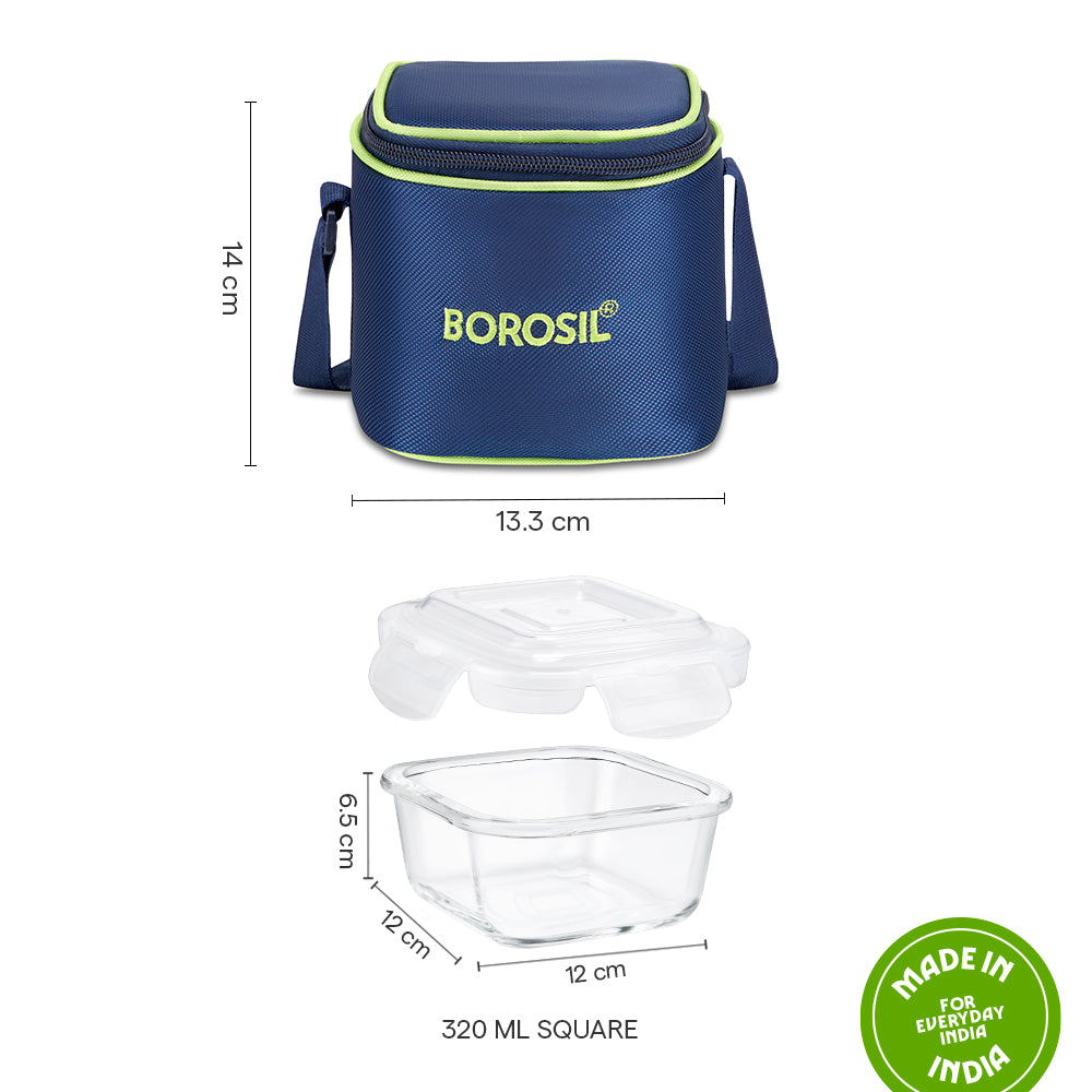 Borosil Blue Glass Lunchbox, Square x 2 (Tall), 320ml x 2