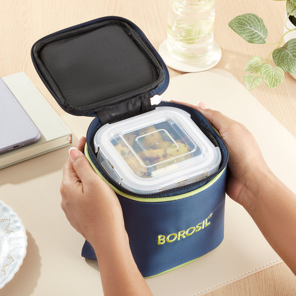 Borosil Blue Glass Lunchbox, Square x 2 (Tall), 320ml x 2