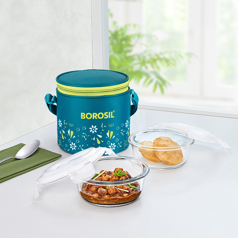 Borosil Grace Marine Glass Lunchbox, Round x 2 (Tall)