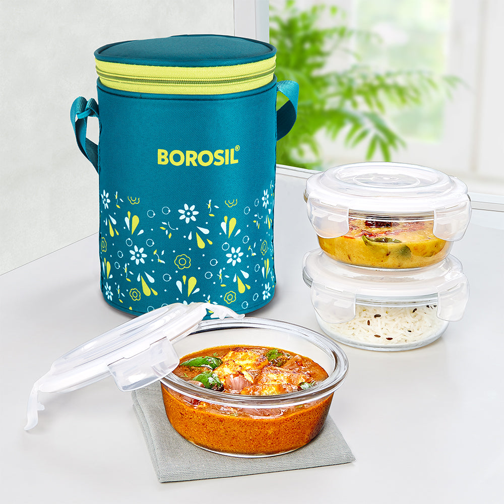 Borosil Grace Marine Glass Lunchbox, Round x 3