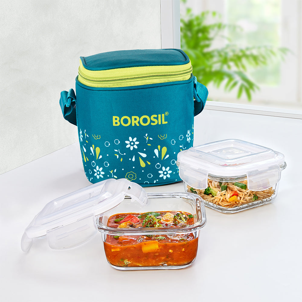 Borosil Grace Marine Glass Lunchbox, Square x 2 (Tall)