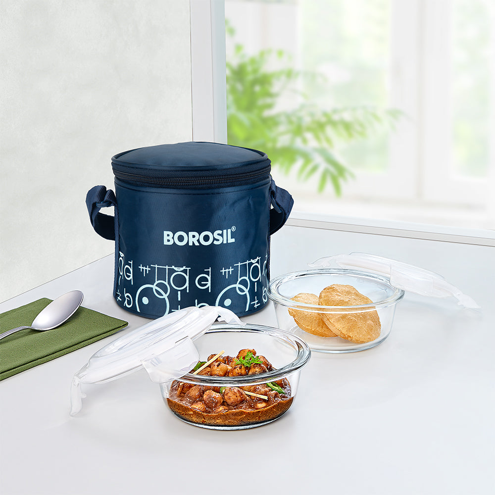 Borosil Grace Navy Glass Lunchbox, Round x 2 (Tall)