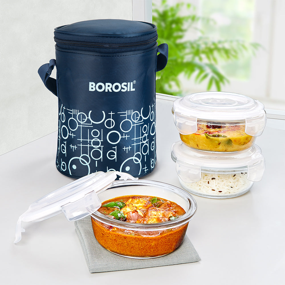Borosil Grace Navy Glass Lunchbox, Round x 3