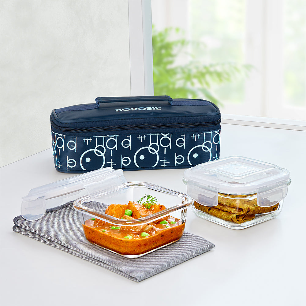 Borosil Grace Navy Glass Lunchbox, Square x 2 (Flat)