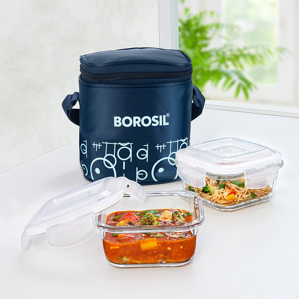 Borosil Grace Navy Glass Lunchbox, Square x 2 (Tall)