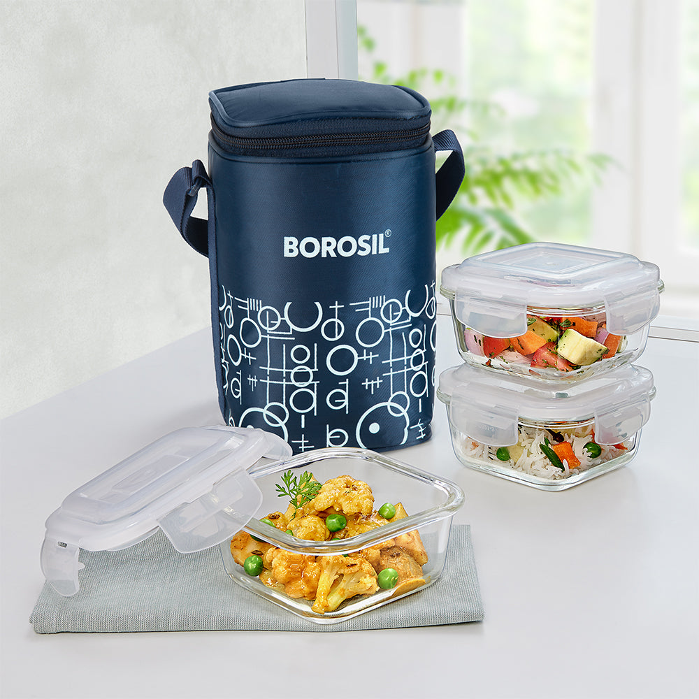 Borosil Grace Navy Glass Lunchbox, Square x 3