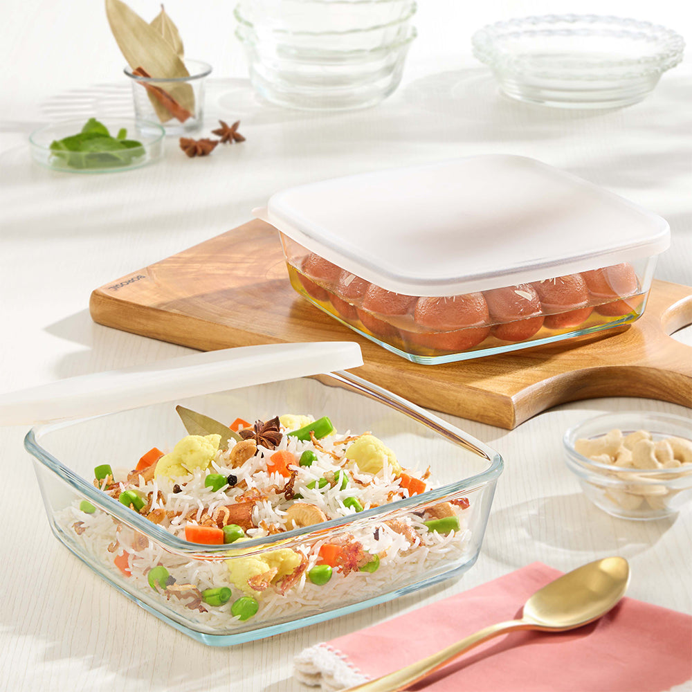 Borosil Square Dish w Lid, Set of 2, 800ml (IM)