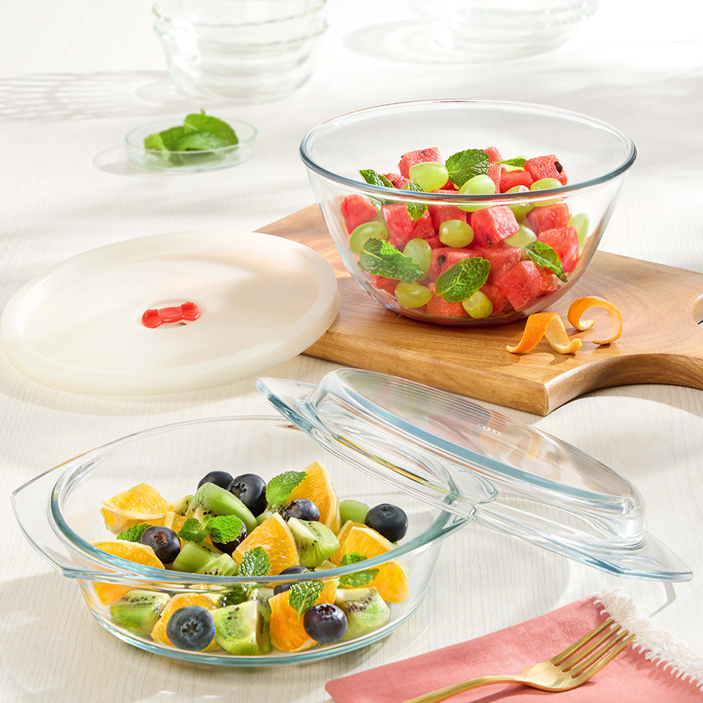 Borosil Round Casserole w Lid, 1L and Mixing Bowl 1.3L Set (BRM)