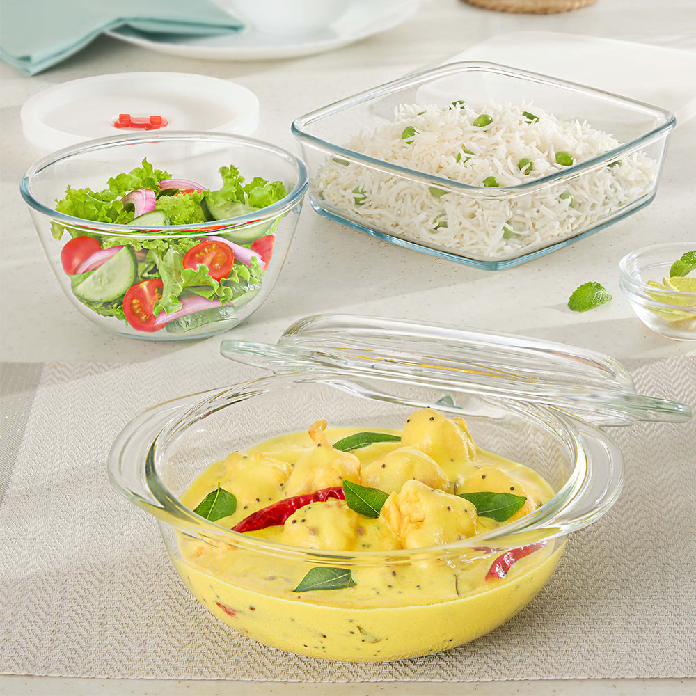 Borosil Dish w Lid, Set of 3