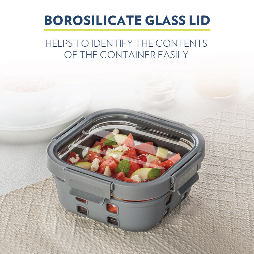 Borosil Klip n Store Plus Square Glass Container, 520ml